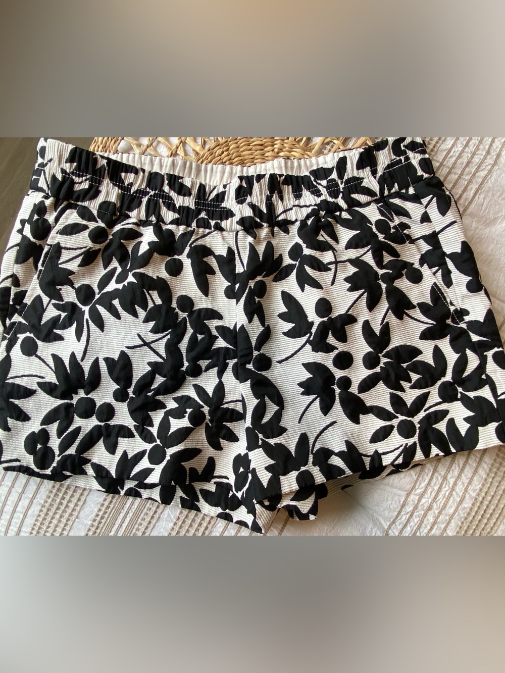 J. Crew Textured Black and White Floral Elastic Waist Shorts